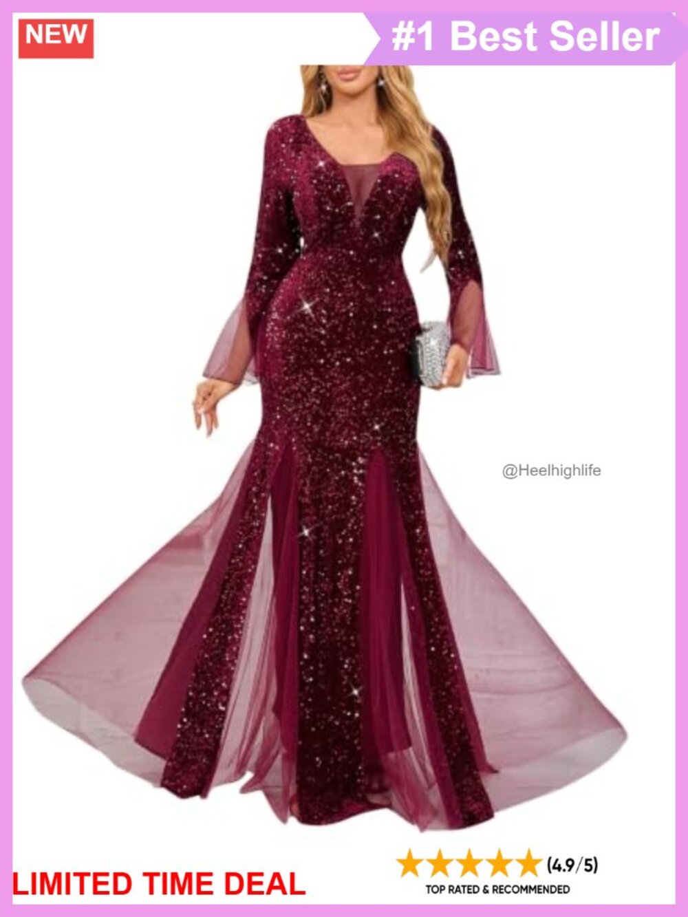 Long Sleeve Sequin V Neck Mermaid Formal Maxi Evening Gown